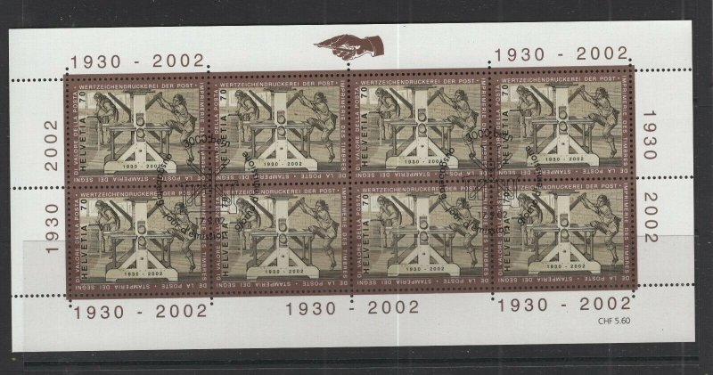 Switzerland #1124 (2002 Swiss Post Printers issue) VF used sheet of 8 CV $6.40+