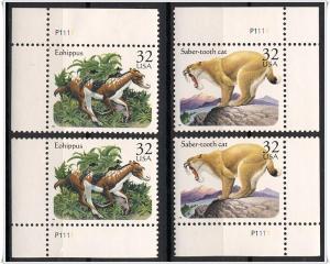 SC#3077 & 3080 32¢ Prehistoric Animals Plate Singles (1996) MNH