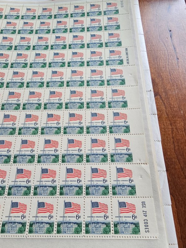 U.S. Scott #1338 Flag Over Whitehouse 6 Cent Sheet of 100 EFO ERROR NO EDGE PERF