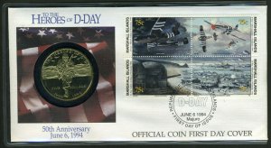 MARSHALL ISLANDS 50th ANNIVERSARY D-DAY OFFICIAL COIN FIRST DAY COVER AS ISSUED 