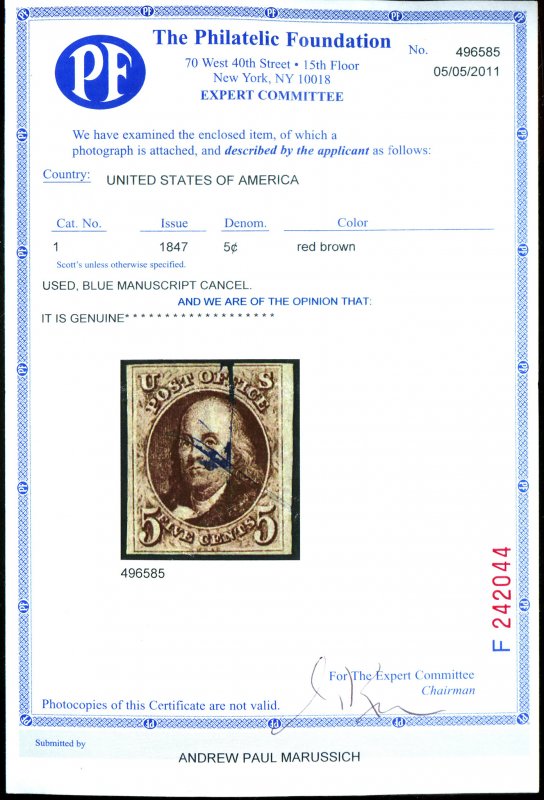 U.S. #1 USED WITH PF CERT BLUE MANUSCRIPT CANCEL