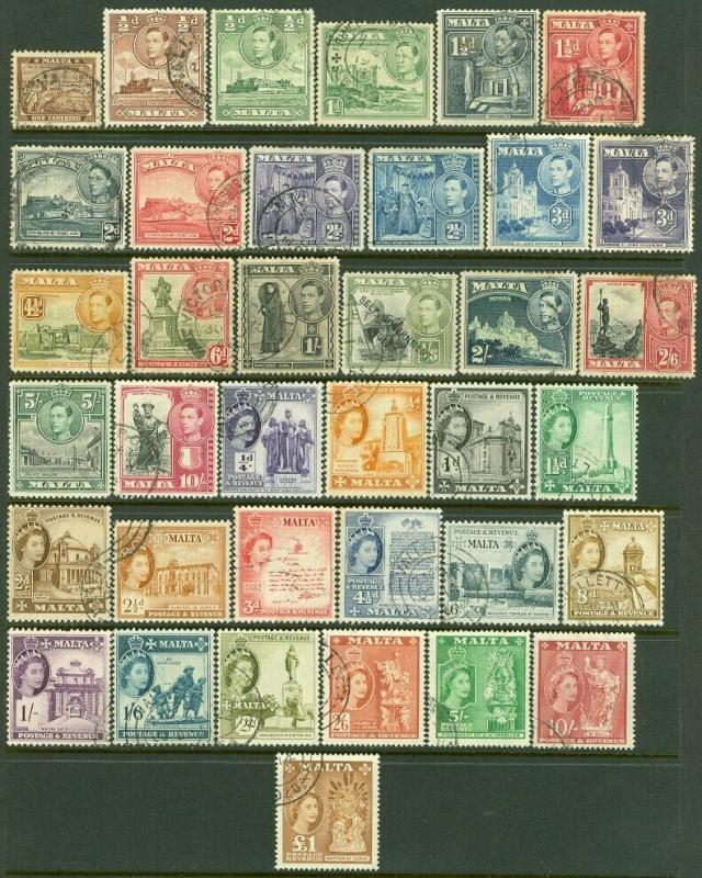 EDW1949SELL : MALTA 1939-57 Sc #191-205, 246-62 VF, Used Both Cplt sets Cat $102