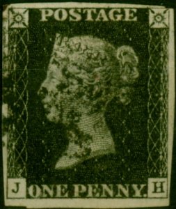 GB 1840 1d Penny Black SG2 Pl. 8 (J-H) Fine Used 4 Good Margins Black MX