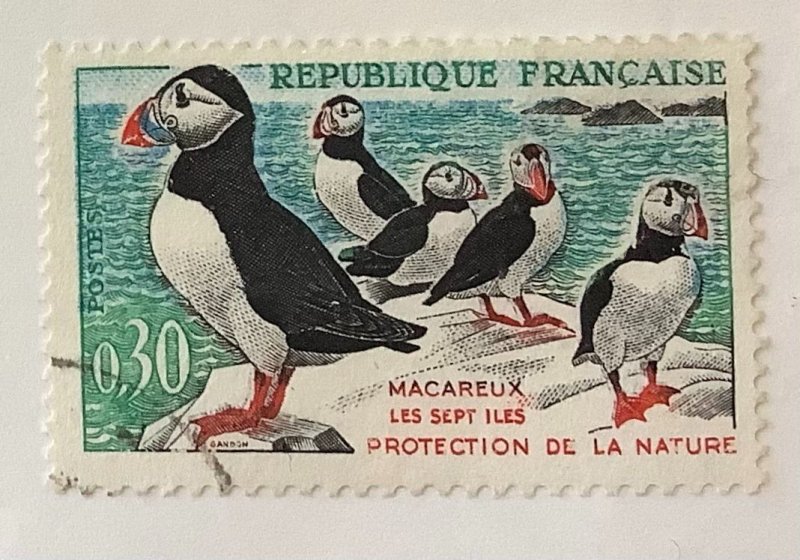 France 1960  Scott  979 used - 30c, Birds, Nature protection, Macareux