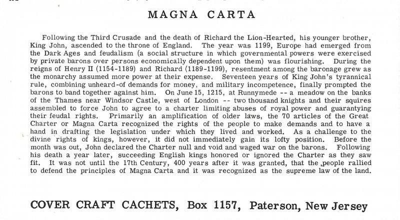 1965 FDC, #1265, 5c Magna Carta, Cover Craft Cachets w/insert