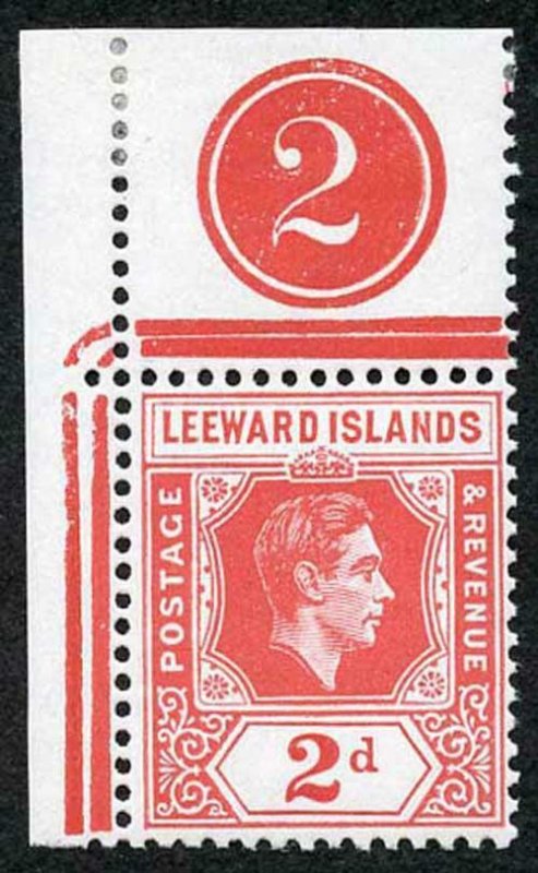 Leeward Is SG104 2d scarlet Plate Number example U/M (mounted in margin)