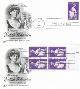 1980 FDC, #1832, 15c Edith Wharton, Art Craft - single/block of 4