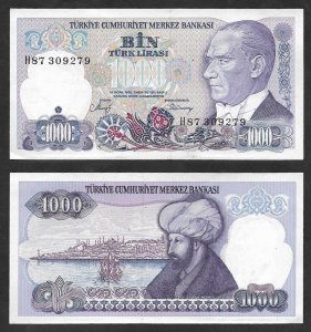 SE)1986 TURKEY, 1000 LIRA BANKNOTE OF THE CENTRAL BANK OF TURKEY, WITH REVERSE,