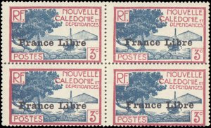 New Caledonia #219, Incomplete Set, Block of 4, 1941, Never Hinged