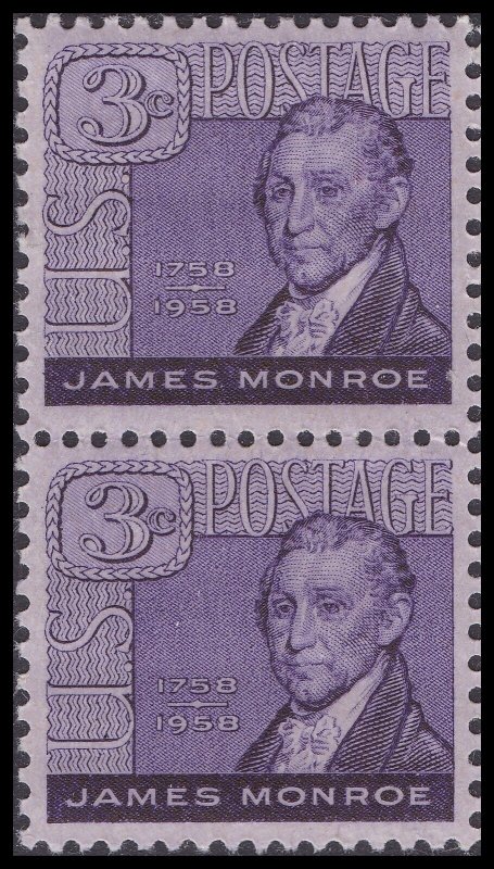 US 1105 James Monroe 3c vert pair MNH 1958