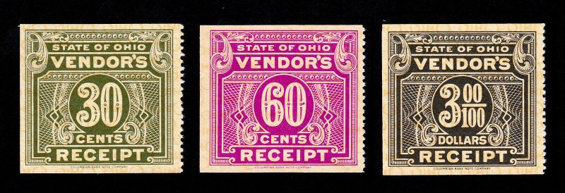 STATE OF OHIO SET OF 3 VENDOR RECEIPT TAX 30¢ 60¢ $3.00 REVENUE STAMPS MNH-OG