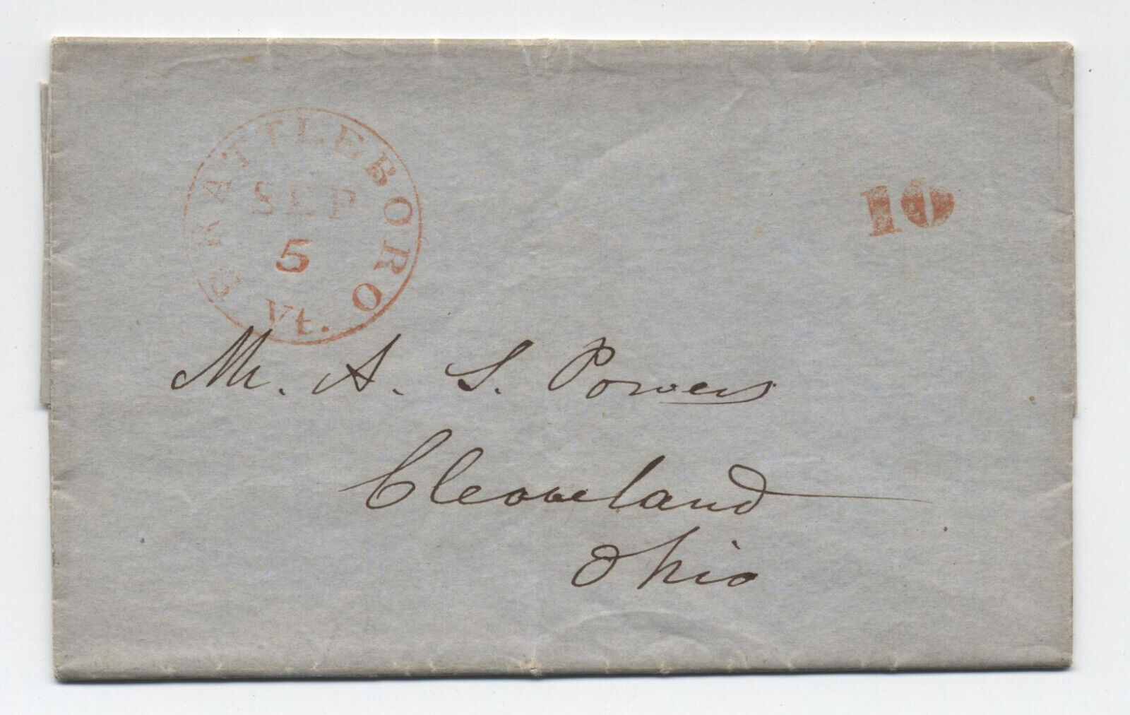 1850 Brattleboro VT red CDS stampless letter 10 rate handstamp to Ohio