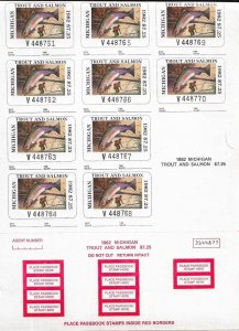 Michigan 1982 Trout & Salmon Fishing Stamp,, sht/10 Cotton #13, MNH (58791)