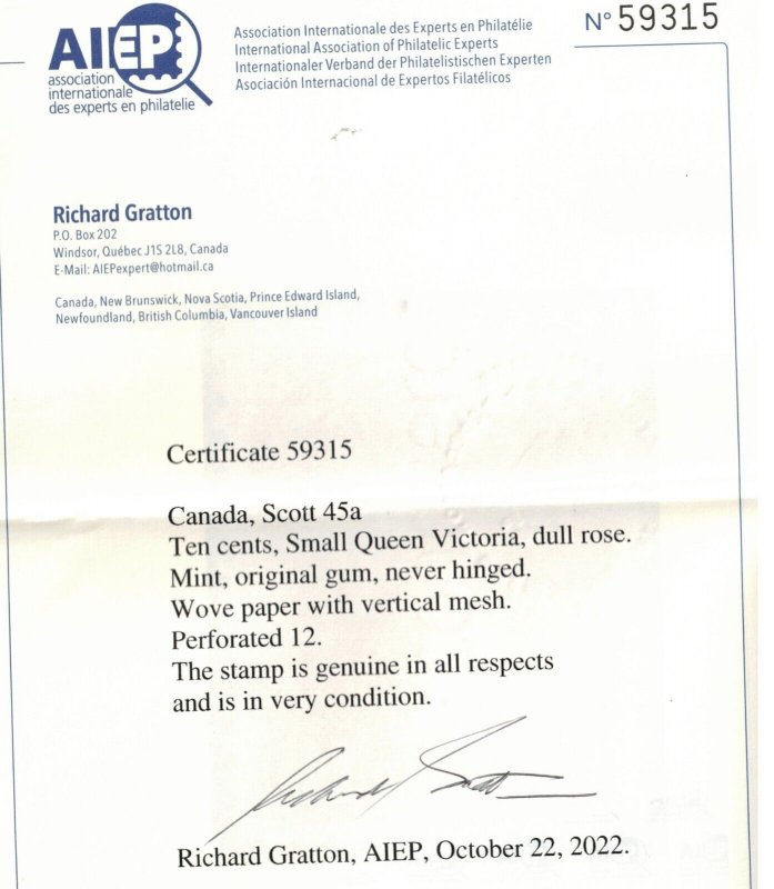 Canada #45a Extra Fine Never Hinged **With Certificate**