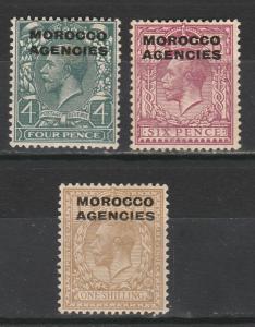 MOROCCO AGENCIES 1914 KGV 4D 6D AND 1/- WMK SIMPLE CYPHER 