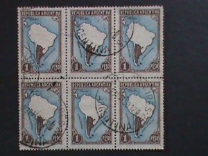 ​ARGENTINA-1935 SC#446 MAP OF SOUTH AMERICA- USED BLOCK  WE SHIP TO WORLDWIDE