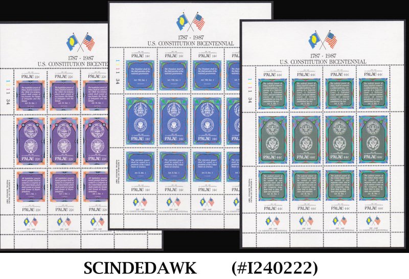 PALAU - 1987 U.S. CONSTITUTION BICENTENNIAL - SET OF 3 SHEETS MINT NH
