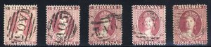 Bahamas #18,18a (SG 35/37) Cat£200, 1863-76 selection of five used 4p in var...