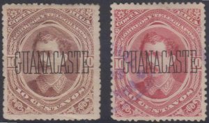 COSTA RICA GUANACASTE 1889 Sc 67 (2x) UNRECORDED BROWNISH LILAC & REGULAR F,VF 