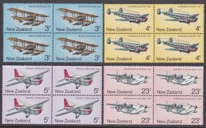 NEW ZEALAND 1974 Air transport - Planes - set MNH blocks of 4..............A7105