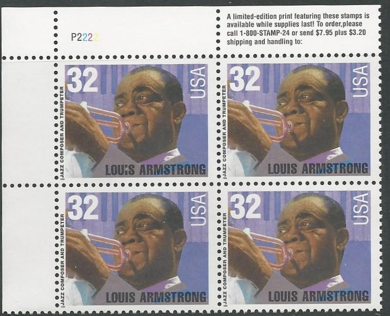 USA # 2982 Louis Armstrong Plt.Blk/4  PRINT FLAW(1) Mint NH