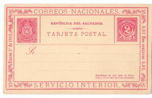 El Salvador 1882 2c Postal Stationery Card Republica Del Salvador HG PC1