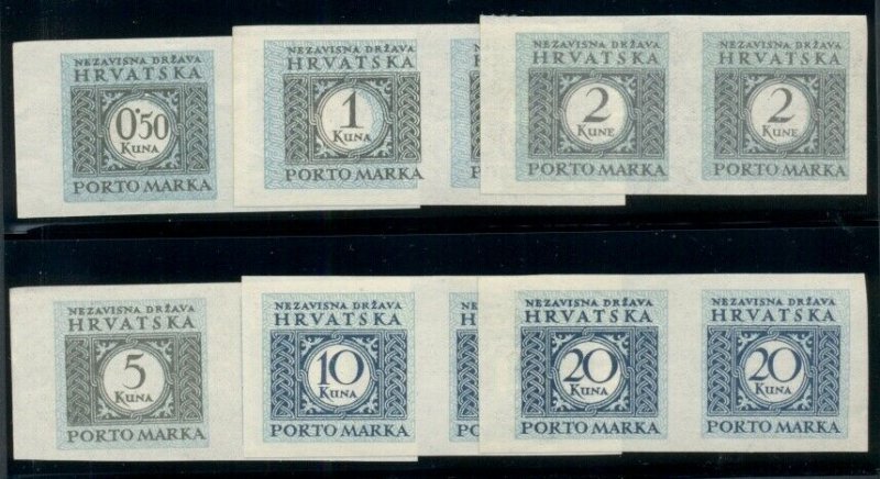 CROATIA #J20-5, Complete set, IMPERF PAIRS, og, NH, VF