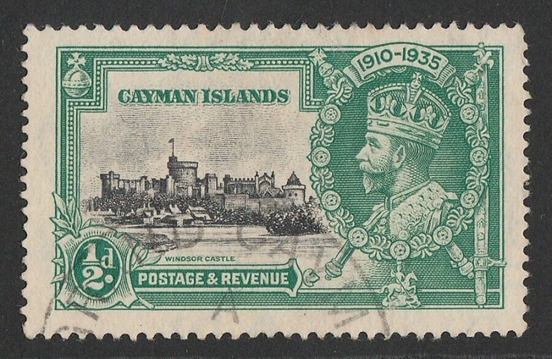 CAYMAN ISLANDS 1935 KGV Silver Jubilee ½d, variety 'diag line by turret'. 