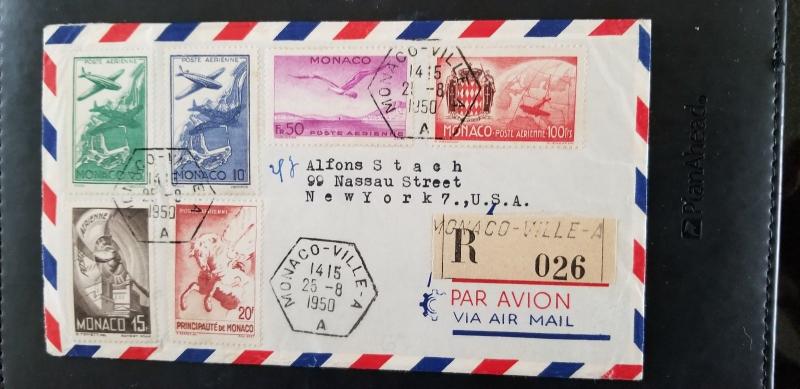 1950 Monaco to New York Multi Franking Airmail Registered Cover