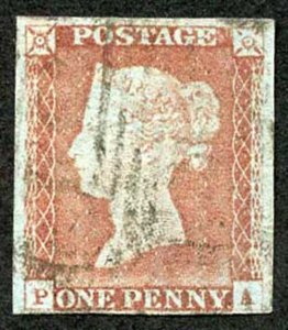 1841 Penny Red (PA) (corner crease) Four Margins WORN PLATE