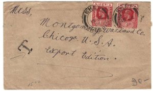 Nigeria 1929 Cover to USA franked 2x 1d, underpaid 1d, 'T' tax mark - not