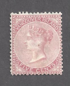 CANADA VANCOUVER ISLAND # 5 MINT OGH 1865 5c ROSE QUEEN VICTORIA WMKD BS27574