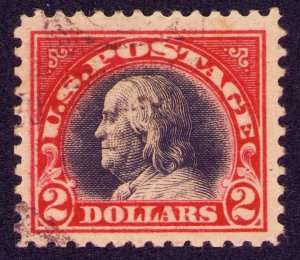 US Sc# 547 USED { $2 CARMINE & BLACK FRANKLIN } LIGHT CANCEL GREAT FROM 1920