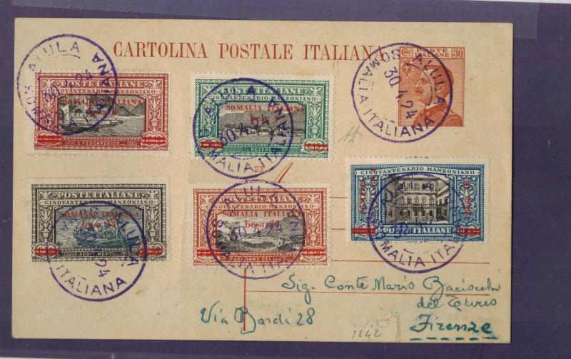 1924 Alula Somalia Postcard Cover to Florence Italy # 61-65 Sassone 55-59