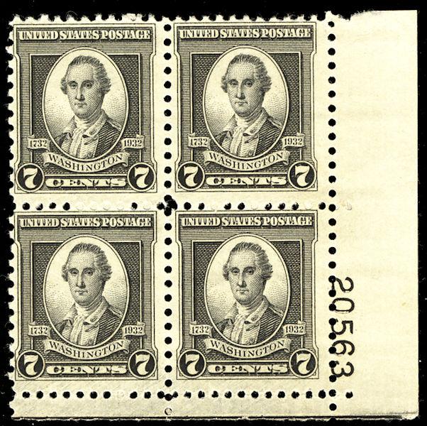 US #712 PLATE BLOCK, VF mint never hinged, jet black color, 7c Washington, SU...