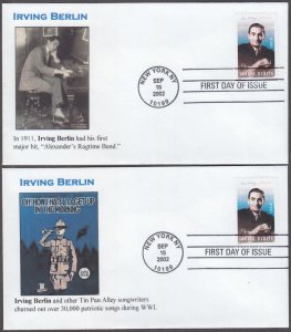 USA # 3669.4 FDC X 2 DIFF CACHETS - IRVING BERLIN, JEWISH AMERICAN COMPOSER