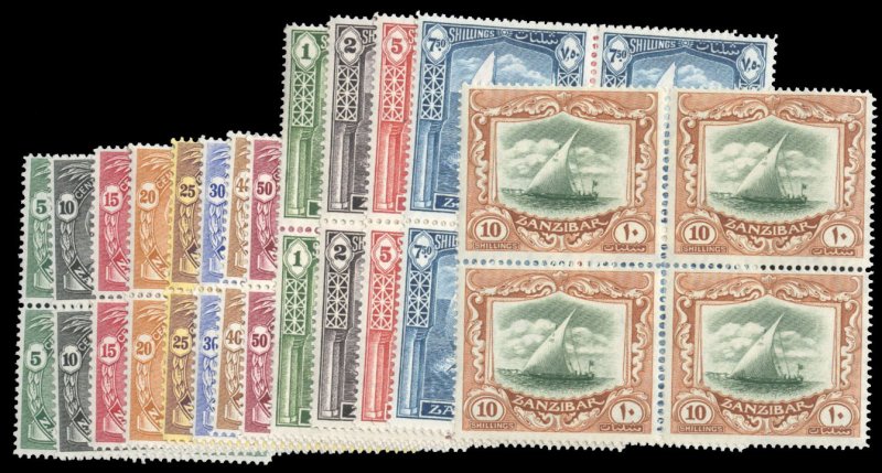 Zanzibar #201-213 Cat$473.40, 1932 5c-10sh, complete set in blocks of four, n...