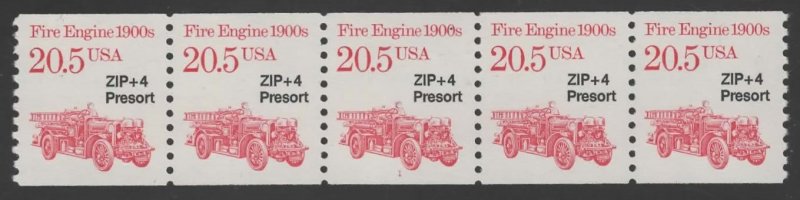 U.S. #2264 MNH VF PL# 1 Strip 5 20.5¢ Fire Engine