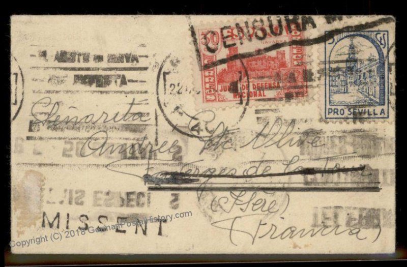 Spain USA 1936 German Sea Post Spanish Civil War France MISSENT Cover 91020