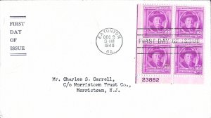 1948 FDC, #980, 3c Joel Chandler Harris, unlisted general purpose, block of 4