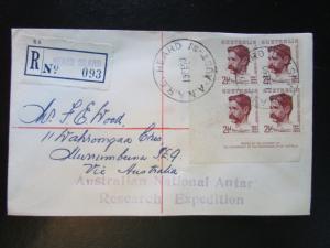 1950 cover Heard Island AAT to Australia #222 LL plate block Research Expedition