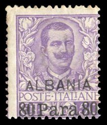 Italy, Italian Offices Abroad #6 Cat$87.50, Albania, 1907 80pa on 50c violet,...