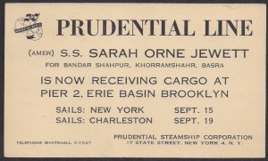 SS Sarah Orne Jewitt #UX27 shipper's card PRUDENTIAL LINES advertisement 1949 VF