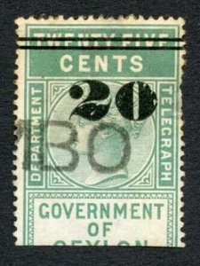 Ceylon Telegraph SGT30 20c on 25c Green Type T25 Defective 0 in 20