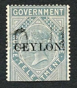 Ceylon Telegraph SGT4 1r Grey India opt Ceylon with Colombo cancel Cat 15