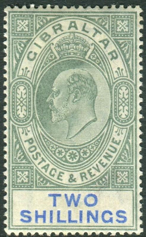 GIBRALTAR-1903 2/- Green & Blue.  A mounted mint example Sg 52