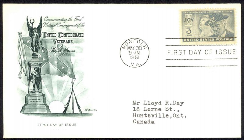 USA Sc# 998 Artmaster FDC (b) (Norfolk,VA) 1951 5.30 United Confederate Veterans