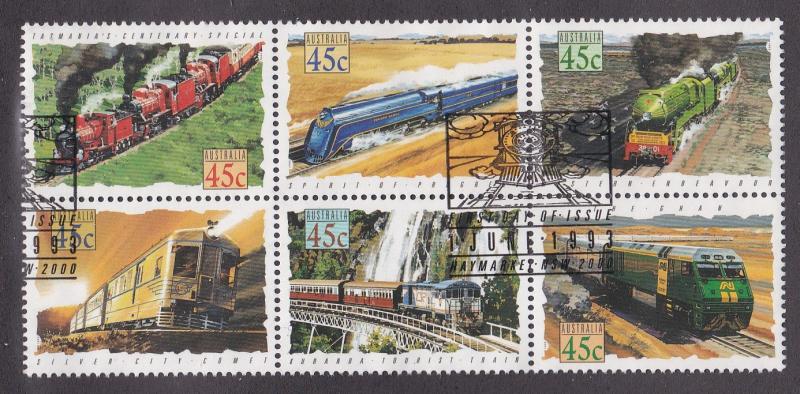 Australia # 1329a, Trains, Block of Six, Used, 1/2 Cat.