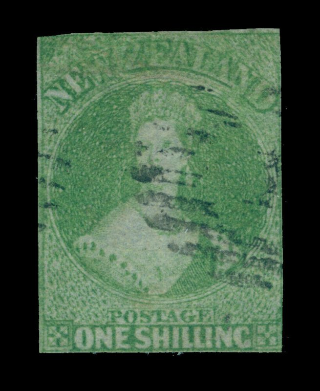 NEW ZEALAND 1858 VICTORIA 1sh green Auckland print, blue paper Sc# 6 (SG 6)used