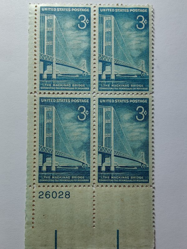 SCOTT#1109 PLATE BLOCK # 26028 LL THE MACKINAC BRIDGE MICHIGAN MINT NEVER HINGED